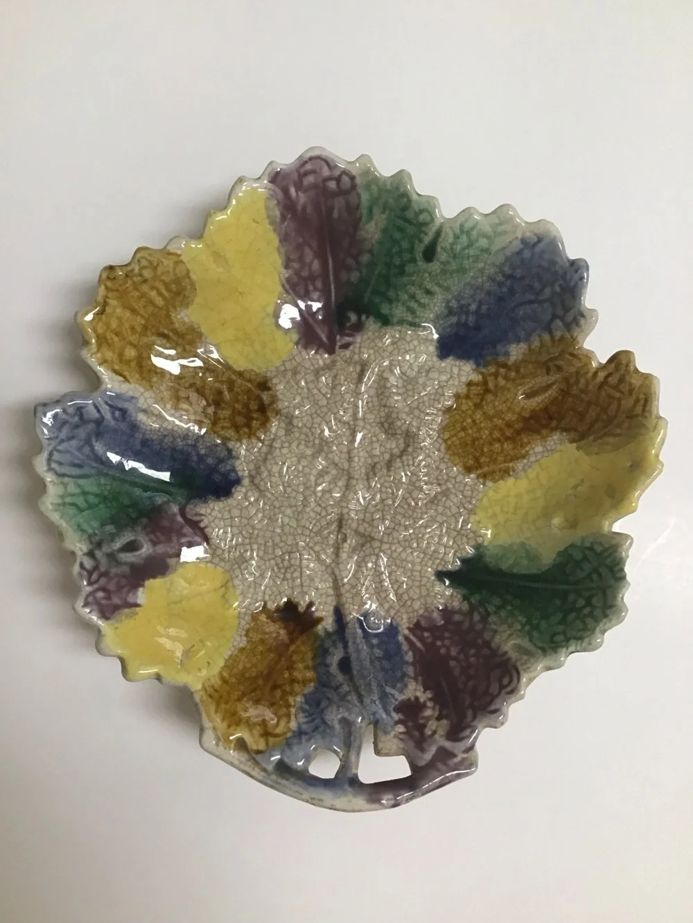 Antique Majolica Leaf Plate 1880's ? Morley & Co. Wellsville OH  7x7” Colorful